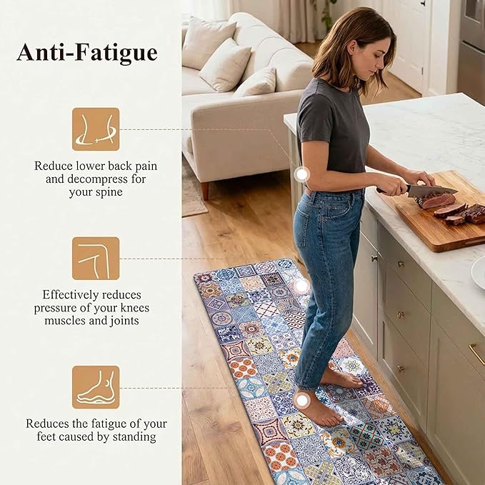 Boho Kitchen Rug Mats for Floor Cushioned Anti Fatigue Colorful Ceramic Tile Kitchen Rugs Sets of 2 Talavera Non Slip Waterproof Comfort Memory Foam Standing Floor Mat for Laundry Sink Desk