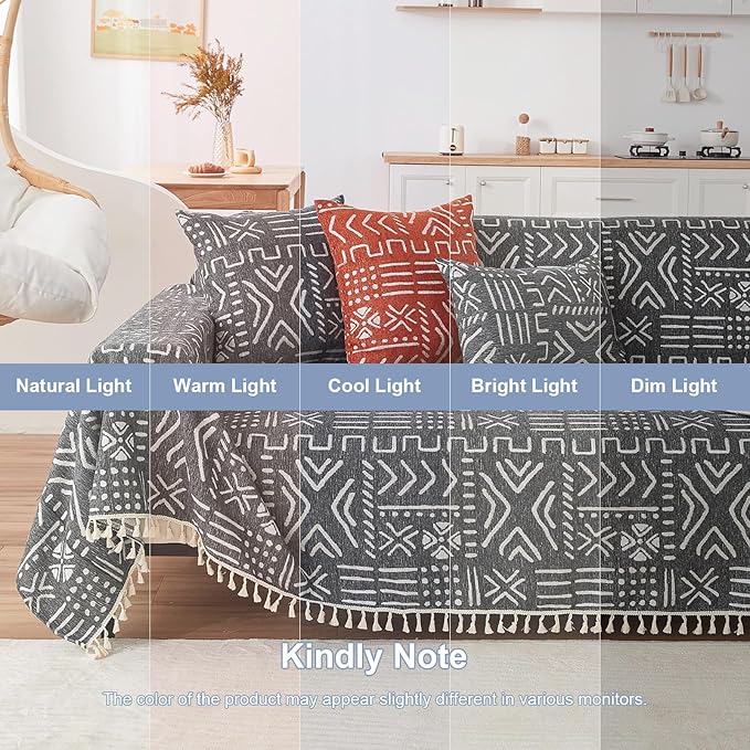 VClife Boho Black White Couch Cover Plush Soft Chenille Couch Cover for 3-4 Cushion Couch Sofa, 1 PC Washable Breathable Bohemian Sofa Cover for Sectional Couch Thick Furniture Protector 71" x 150"