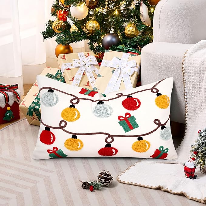Christmas Embroidered Lumbar Pillow Covers Farmhouse Tufted Pillow Covers Winter Holiday Decorative Couch Covers 12x20 Christmas Lights Square Cushion Cases Set of 2 for Living Room Couch Sofa Bed