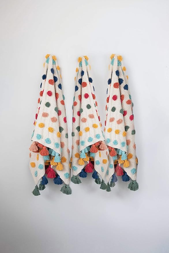 Creative Co-Op Soft Woven Cotton Throw with Tufted Dots and Tassels, Multicolor