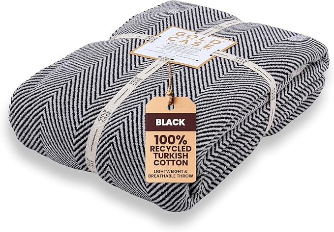 Gold Case Throw Blanket for Bed - 100% Recycled Turkish Cotton Blanket - Elegant Lightweight Soft Throw Blankets for Bed & Living Room - Twin Size Cozy Blankets - 71x90 - Black