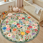 Round Area Rug for Living Room: 4 ft Floral Washable Circle Rug Soft Boho Non-Slip Carpet Indoor Stain Resistant Low Pile Small Circular Rug for Bedroom Entryway Kitchen Nursery Home Office Green