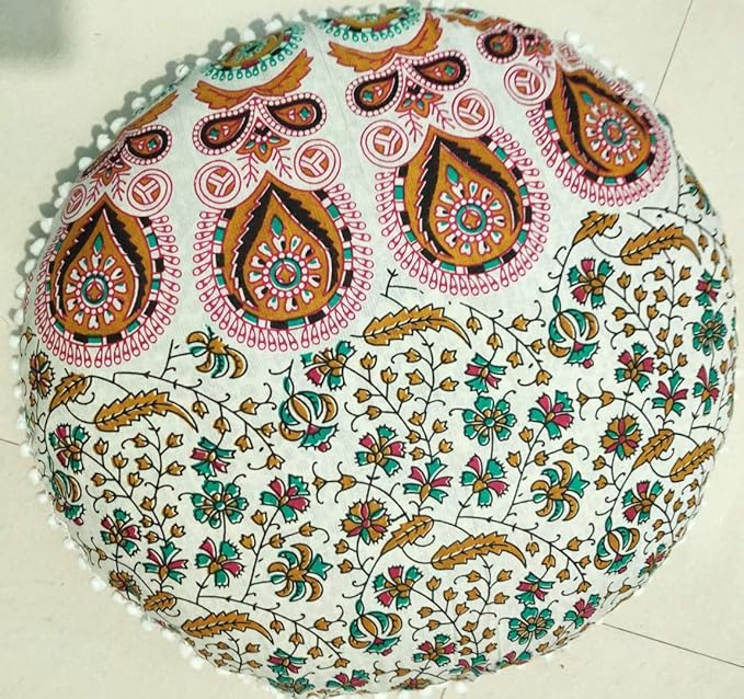 CRAFT KALA Mandala Floor Pillow Cushion Cover Seating Throw Cover Hippie Decorative Bohemian Ottoman Poufs Pom Pillow Cases Boho Indian Cotton Living Room Home Décor 24" Round Set of 2 Mustard Mirchi