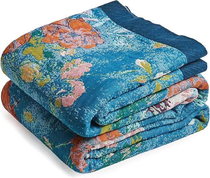 Boho Throw Blanket - 100% Cotton Ultra Soft Muslin Spring Blanket, 50"x60" Lightweight Floral Bird Printed Framhouse Bedding Blanket for Bed, All Season Blue Bohemian Bedroom Home Decor Quilt