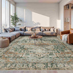 10x14 Area Rugs for Living Room Bedroom, Large Washable Rug, Green Vintage Retro Boho Rug, Non Slip & Low Pile Faux Wool Thin Carpet for Indoor Dining Room and Kids Room(Green/Brown 10x14ft)