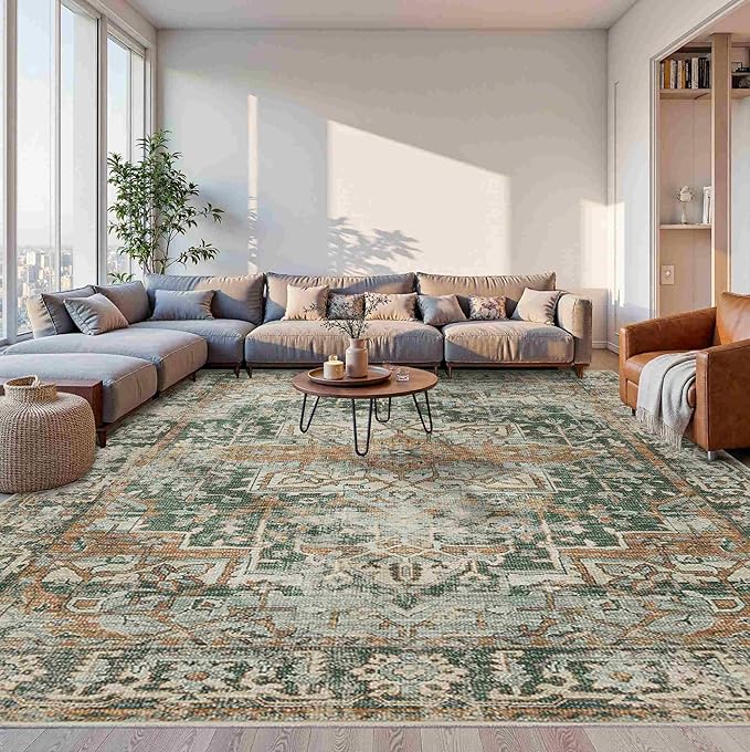 10x14 Area Rugs for Living Room Bedroom, Large Washable Rug, Green Vintage Retro Boho Rug, Non Slip & Low Pile Faux Wool Thin Carpet for Indoor Dining Room and Kids Room(Green/Brown 10x14ft)