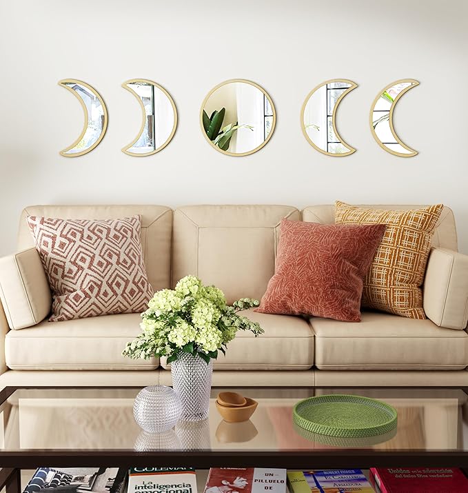 10.4" Raw Acrylic Moon Phase Wall Mirror Set - 5-Piece Boho Celestial Decor for Living Room Bedroom Entryway, Easy Stick-On Installation, Shatterproof Safety Design