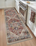 DEXI Kitchen Floor Mats Anti Fatigue, 17x59 Cushioned Vintage Runner Rug Waterproof, Standing Comfort Memory Foam Padded for Front Sink Laundry Office, Beige and Red