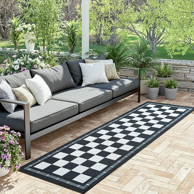 Vasofe Jute Checkered Runner Rug, 2x6 Black and White Washable Rugs, Modern Runners for Hallway Non-Slip Kitchen Mat, Farmhouse Checkerboard Indoor Outdoor Carpet for Porch Laundry Entryway