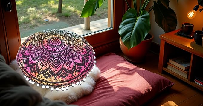CRAFT KALA Large Round Bohemian Floor Pillow Pouf Cover Mandala Meditation Room Pillow Cover for Adults Boho Seating Poufs Cushion Cover for Kids Playroom 32" Round Multi Ombre
