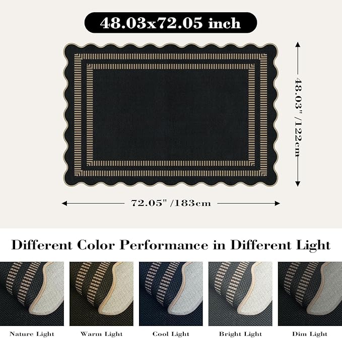 Scalloped Modern Easy Jute Carpet, 4x6 Outdoor Patio Washable Area Rug, Indoor Black Kitchen Rugs Farmhouse Neutral Non Slip Rug for Living Room Patio Entryway