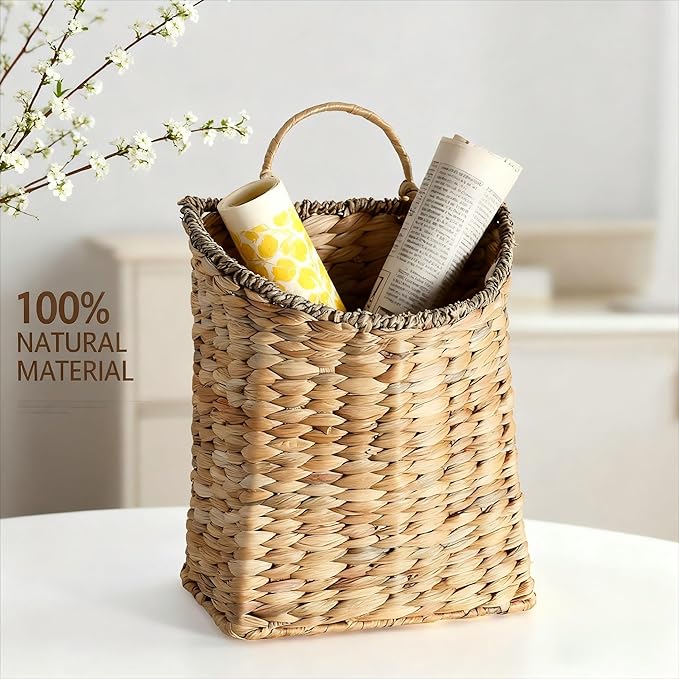 Woven Hanging Wall Basket, Rattan Wall Basket Planter, Front Door Hanger Basket Wreath for Plants,Outdoor Wicker Baskets for Wall,Door Baskets for Flowers Front Door Decor,8.6" D x 5.1" W x 11.6" H