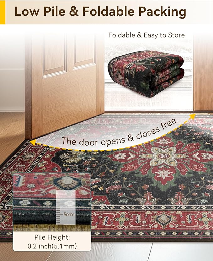 Area Rugs 3'x5' Washable Non-Slip, Floral Vintage Distress Print Pattern Medallion Carpet for Living Room Bedroom Dining Room, Red Black