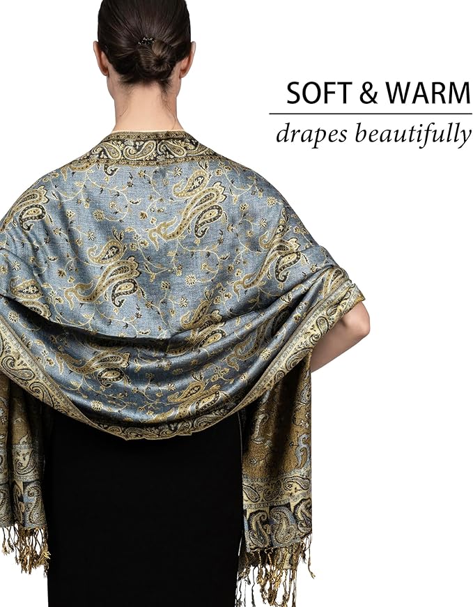 Achillea Reversible Paisley Pashmina Rave Scarf – Exotic Indian Shawls and Wraps for Evening Dresses, Festivals, All Seasons