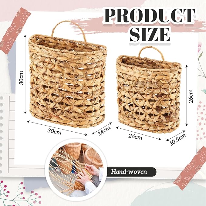 Chunful 2 Pcs Water Hyacinth Hanging Wicker Basket, Natural Wicker Decorative Baskets, Handmade Woven Storage Organizer for House Garden Wedding Wall Decorations, Large & Small Size(Hollow-out)
