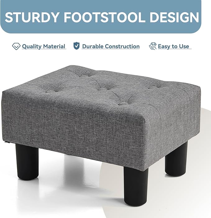 Poofzy Small Foot Stool Ottoman, Linen Ottoman Foot Rest with Legs, Rectangle Foot Rest for Couch, Footstools and Ottomans Small for Living Room and Entryway (Gray)