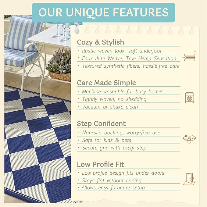 Checkered Easy Jute 3x5 Navy Blue Indoor Outdoor Rugs for Entryway, Washable Non Slip Diamond Boho Coastal Rug for Porch, Modern Minimalist Front Door Mat, Kitchen, Bathroom and Balcony Carpet