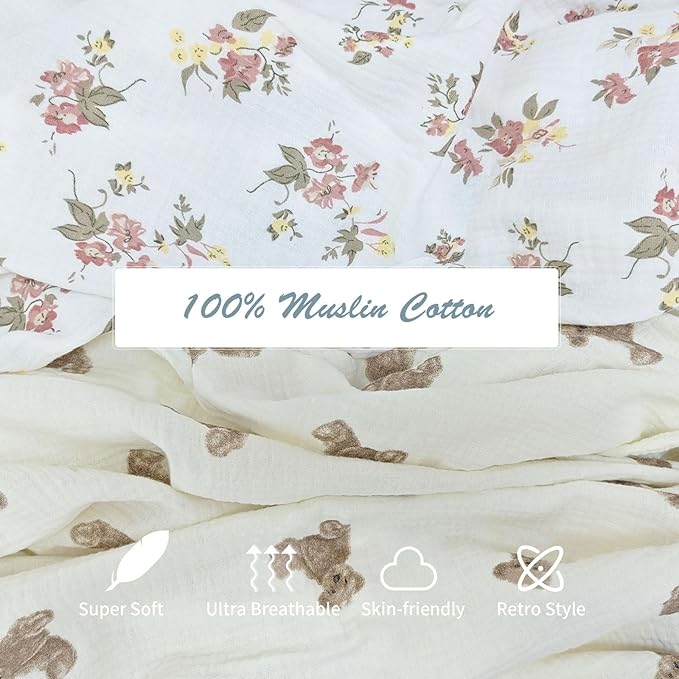 insular Cotton Muslin Baby Blanket with Tassel, Boho Bohemian Muslin Swaddle Blanket Baby Receiving Blanket with Fringe, Nursery Decor Throw or Nursing Blankets, 47" x40”, Floral