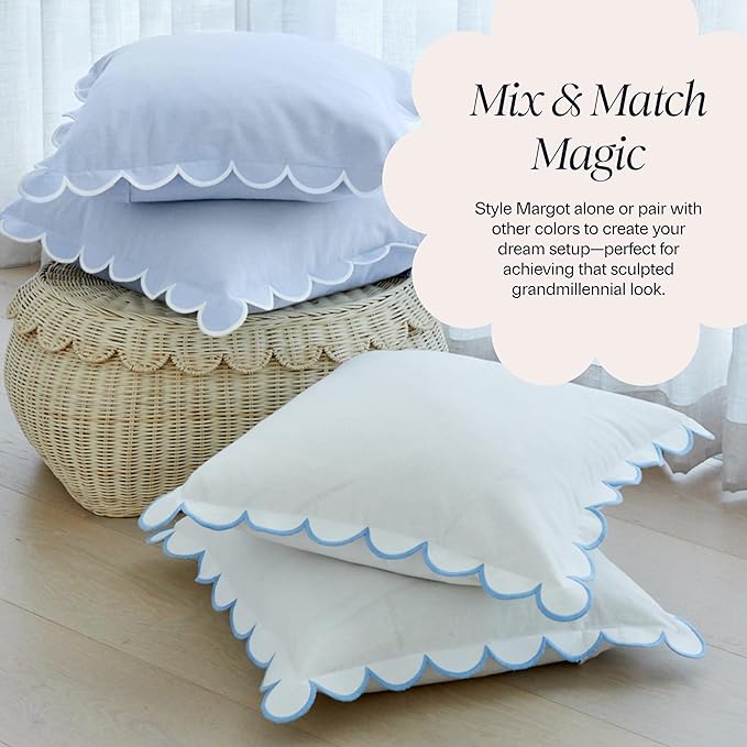 BEBE BASK Blue Scalloped Pillow Cover - Set of 2-18 x 18 Inch - Scallop Pillow Cover - Scalloped Pillows - Scallop Pillows - 100% Cotton - Grandmillennial Style (Sky Blue/White)
