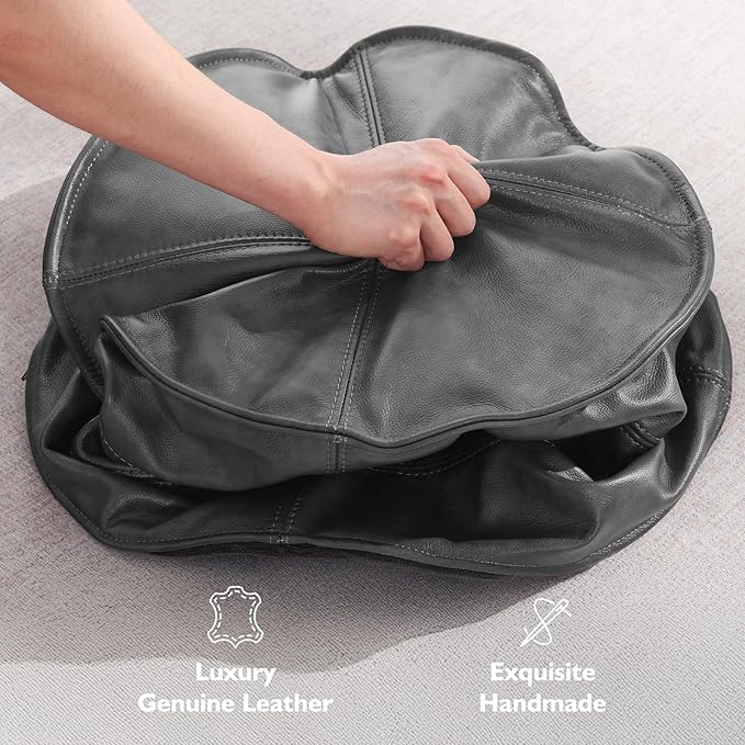 Leather Ottoman,Handmade Stuffed Square Ottoman,Genuine Leather Pouf, Foot Rest Pouf,Comfortable Soft Seating for Living Room & Bedroom (Grey, 1 Round)