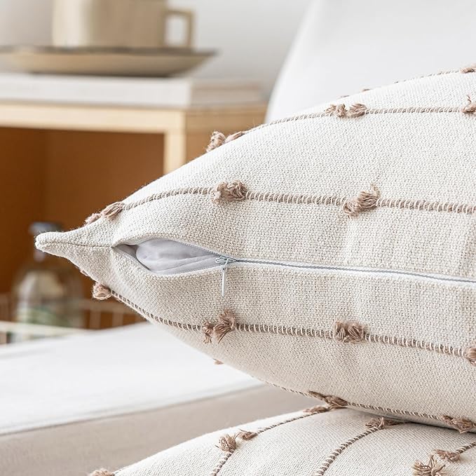 Boho Throw Pillow Covers 16x16 Set of 2 Modern Farmhouse Decorative Cushion Case Tufted Square Pillows Cover Neutral Pillow Cases Accent Pillowcase for Sofa,Couch,Bed,Beige and Khaki