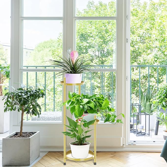 3 Tier Plant Stand Indoor Tall, Black Corner Tiered Round Plant Stand for Indoor Multiple Plants, Metal Flower Pot Stands Outdoor Holders Plant Shelf Display Rack for Balcony Living Room (3 Tier-Golden)