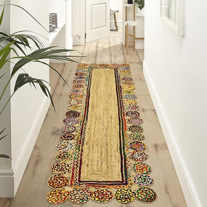 Square Area Rug - 3x3 Feet Multicolor Cape Code Chindi Cotton Jute Rug Geometric Kilim Rug Indoor Outdoor Use Carpet Flatweave Rugs for Bedroom Bedside Custom Mat Dining Table Mat
