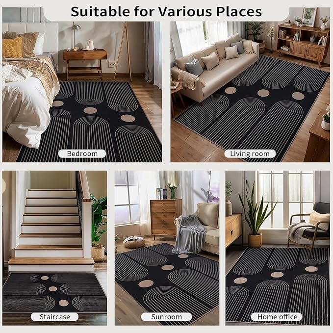 Tangsoo Modern Easy Jute 3x5 Outdoor Rug for Living Room,Washable Indoor Rugs Farmhouse Non-Slip Thin Indoor Door Mat,Black Throw Carpet Front Porch Bedroom Patio Entryway Balcony