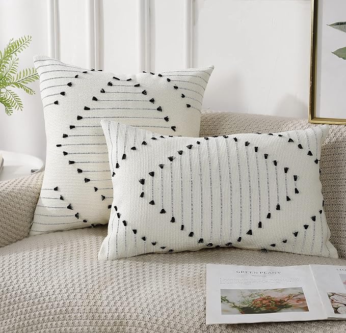 PANOD Set of 2 Boho Tufted Throw Pillow Covers with Tassel 12x20 inch, Decorative Indoor Outdoor Bohemian Lumbar Cushion case Pillowcase for Couch Sofa Livingroom car Farmhouse Black and Cream White