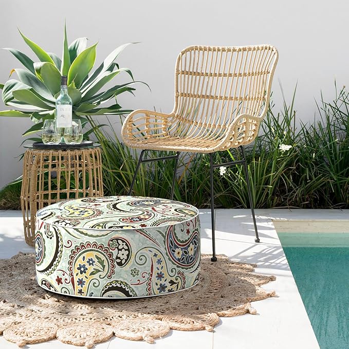 Indoor/Outdoor Inflatable Ottoman with Handle, Decorative Fade-Resistant Round Footstool D21 x H9 inch, Portable Ottoman Pouf for Patio Garden Camping, Paisley Lightcyan