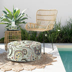 Indoor/Outdoor Inflatable Ottoman with Handle, Decorative Fade-Resistant Round Footstool D21 x H9 inch, Portable Ottoman Pouf for Patio Garden Camping, Paisley Lightcyan