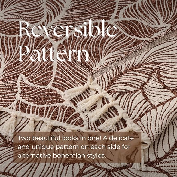 DOWN HOME Chenille Cotton Throw Blanket for Couch, Lightweight Boho Blanket for Bed Sofa Chair Living Room Outdoor Soft Woven Decorative Blanket with Tassel Gift Brown Leaves 60"x80"