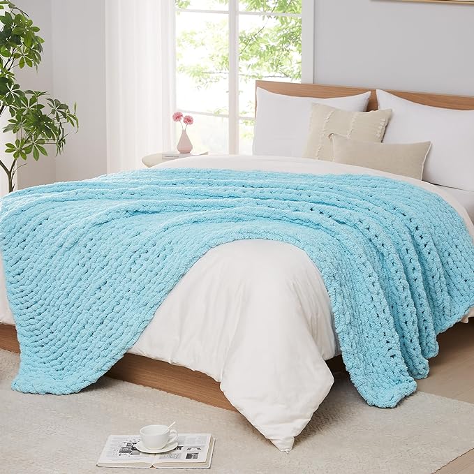 L'AGRATY Chenille Chunky Knit Blanket, Light Blue, 50x60, Heavyweight Throw Blanket for Home Decor