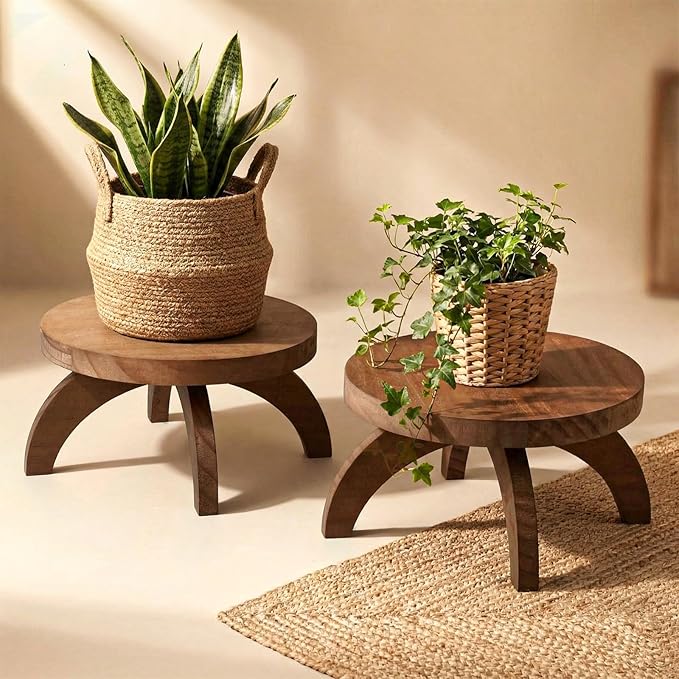 Novabright 2 Pcs Short Plant Pedestal Wood Plant Stool Round Low Wood Riser Pedestal Display Decor Flower Indoor Outdoor Rustic Farmhouse Table Balcony Decor Board Flower Holder Rise (Rustic Color)