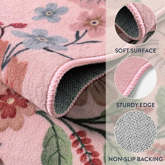 Lahome Floral Kitchen Runner, 2X6 Washable Runner Rug Non-Slip, Ultra-Thin Soft Hallway Rug Stain Resistant Boho Carpet for ‎Bedroom Laundry Bathroom Flore, Pink