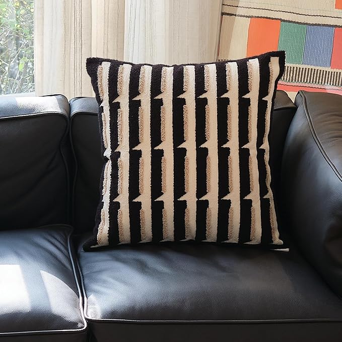 Black Cream Modern Strip Tufted Throw Pillow Covers，Neutral Textured Minimalism Chunky Pillowcases,Bohemian Mid Century Geometric Sham for Couch,1PC,18x18 Inch