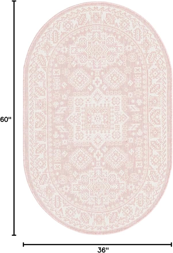 Rugs.com Outdoor Aztec Collection Rug – 3' x 5' Oval Pink Flatweave Rug Perfect for Living Rooms, Large Dining Rooms, Open Floorplans