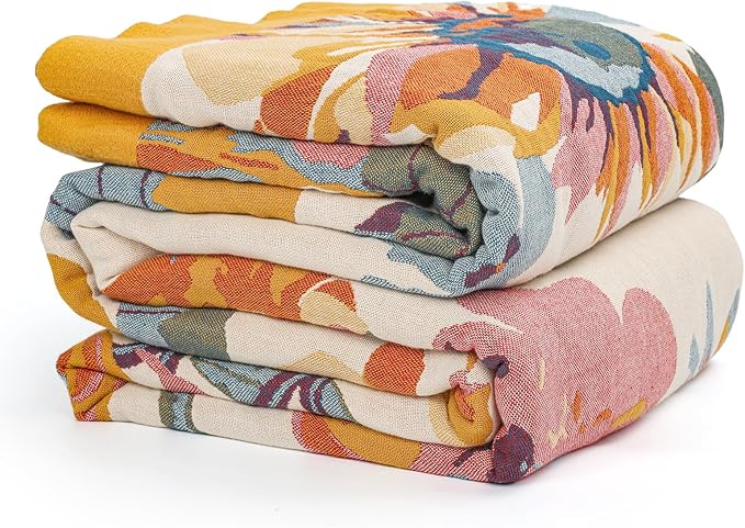 MACEVIA 100% Cotton Boho Throw Blanket, Soft Lightweight Butterfly Floral Design, 60"x80" Twin Size Bedspread for Couch Sofa, Bed, Travel, Cottagecore Decor (Butterfly Floral)