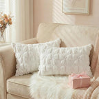 AVOIN colorlife Cream White Spring Bow Throw Pillow Covers Set of 2, 12 x 20 Inch Coquette Aesthetic Room Decor Soft Plush Faux Fur Cushion Case for Girls Room