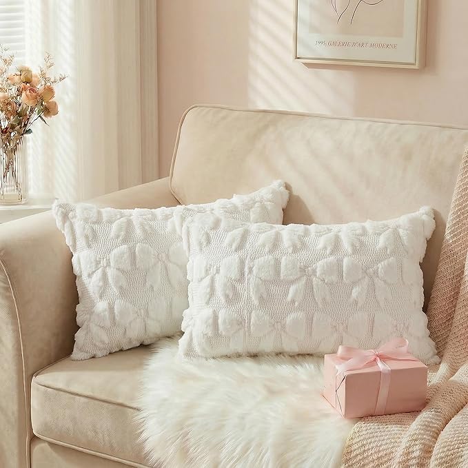 AVOIN colorlife Cream White Spring Bow Throw Pillow Covers Set of 2, 12 x 20 Inch Coquette Aesthetic Room Decor Soft Plush Faux Fur Cushion Case for Girls Room