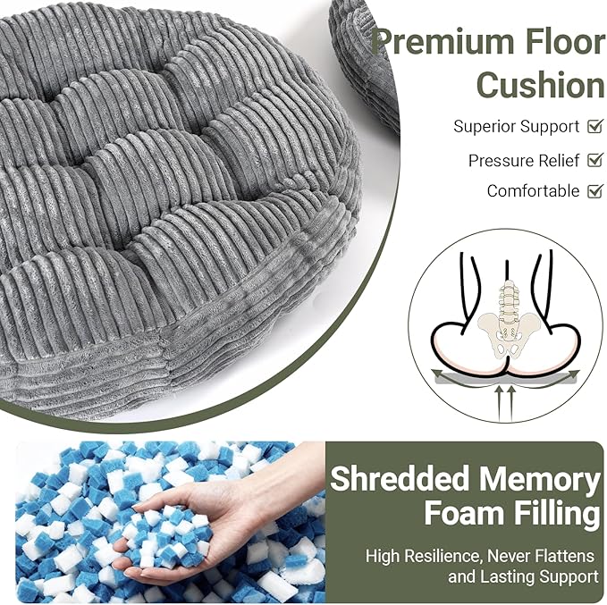 Large Floor Pillow for Adults, 22x22" Memory Foam Floor Cushion with Corduroy Cover, Round Floor Sitting Cushions for Meditation, Lounge,Seating for Yoga, Tatami Living Room (2, Round-Dark Grey)
