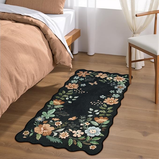 Lahome Floral Entryway Rug, 2x4 Washable Kitchen Rug Ultra-Thin, Non-Slip Soft Door Mat Indoor Entrance Stain Resistant Boho Small Flore Throw Carpet for Bathroom Bedroom (2x4ft,Black/Grey)