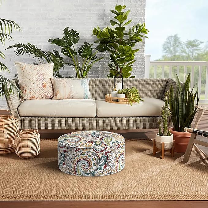 Indoor/Outdoor Inflatable Ottoman with Handle, Decorative Fade-Resistant Round Footstool D21 x H9 inch, Portable Ottoman Pouf for Patio Garden Camping, Paisley Chilli
