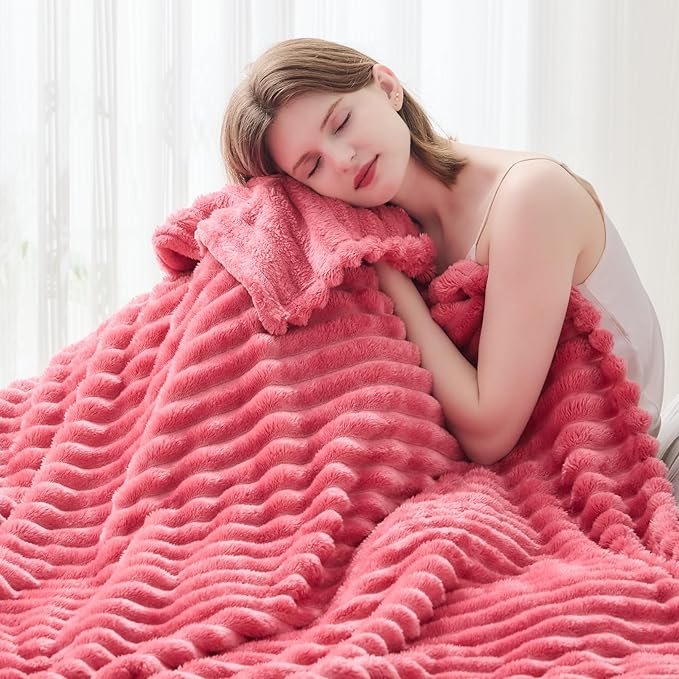 NEWCOSPLAY Super Soft Queen Blanket Coral Pink Premium Silky Flannel Fleece 3D Ribbed Jacquard Lightweight Bed Blanket All Season Use (Coral Pink Ribbed, Queen(90"x90"))