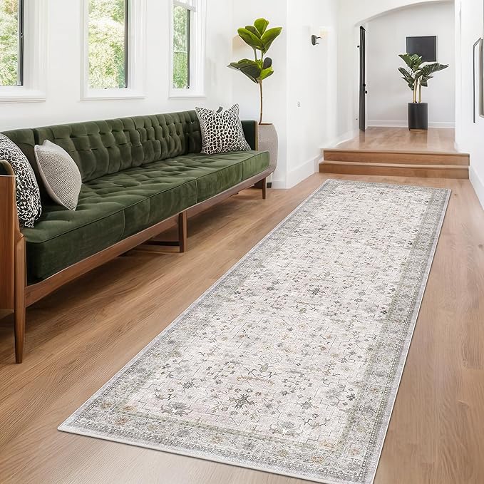 Light Gray Kitchen Rug 10 ft Long - Modern Neutral Boho Unique Floral with Brown Accent, Washable Low Pile Non-Slip Extra Long Wide Runner Rugs for Hallway, 3x10