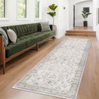 Geometric 3x20 Wide Hallway Runner - Light Gray with Taupe Accent, Boho Floral Pastel Decor, Washable Low Pile Non Slip Stain Resistant Rug for Long Kitchen, Hall Way