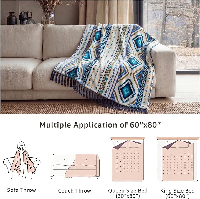 CASAAGUSTO Boho Throw Blanket - Blue and White Decorative Blankets with Tassel, Printed Flannel Bohemian Blanket for Chair, Bed, Sofa, Couch(50 * 60, Blue and White)
