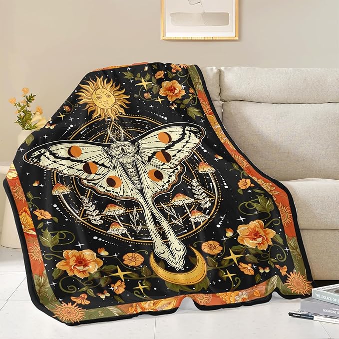 Lifeel Orange Moth Throw Blanket, Retro Boho Flower Butterfly Sun Moon Star Aesthetic Cozy Decor Nap Blankets Gift Sofa Bed Couch Chair or Dorm Throws 60×80 inches