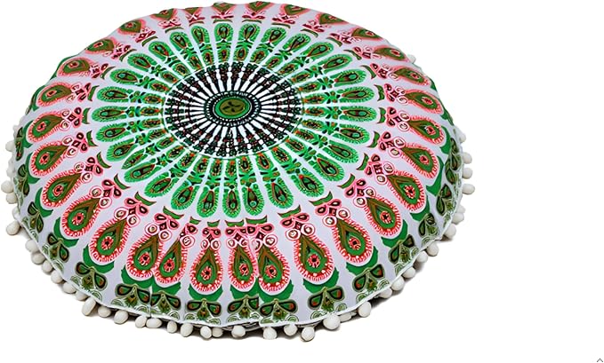 CRAFT KALA 22" Mandala Meditation Floor Pillows Cover Pouf Cover Round Seating Bohemian Mandala Cotton Floor Cushion Cover Outdoor Fireplace Seating Living Room Yoga Room Home Décor Green Red Floral