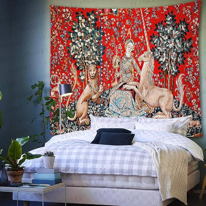 FEASRT Medieval Maiden Tapestry European Royal Princess Tapestrys Wild Animal Tapestry, Large 100x90 Inches Soft Flannelette, for Bohemian Mandala Bedroom Living Room Dorm